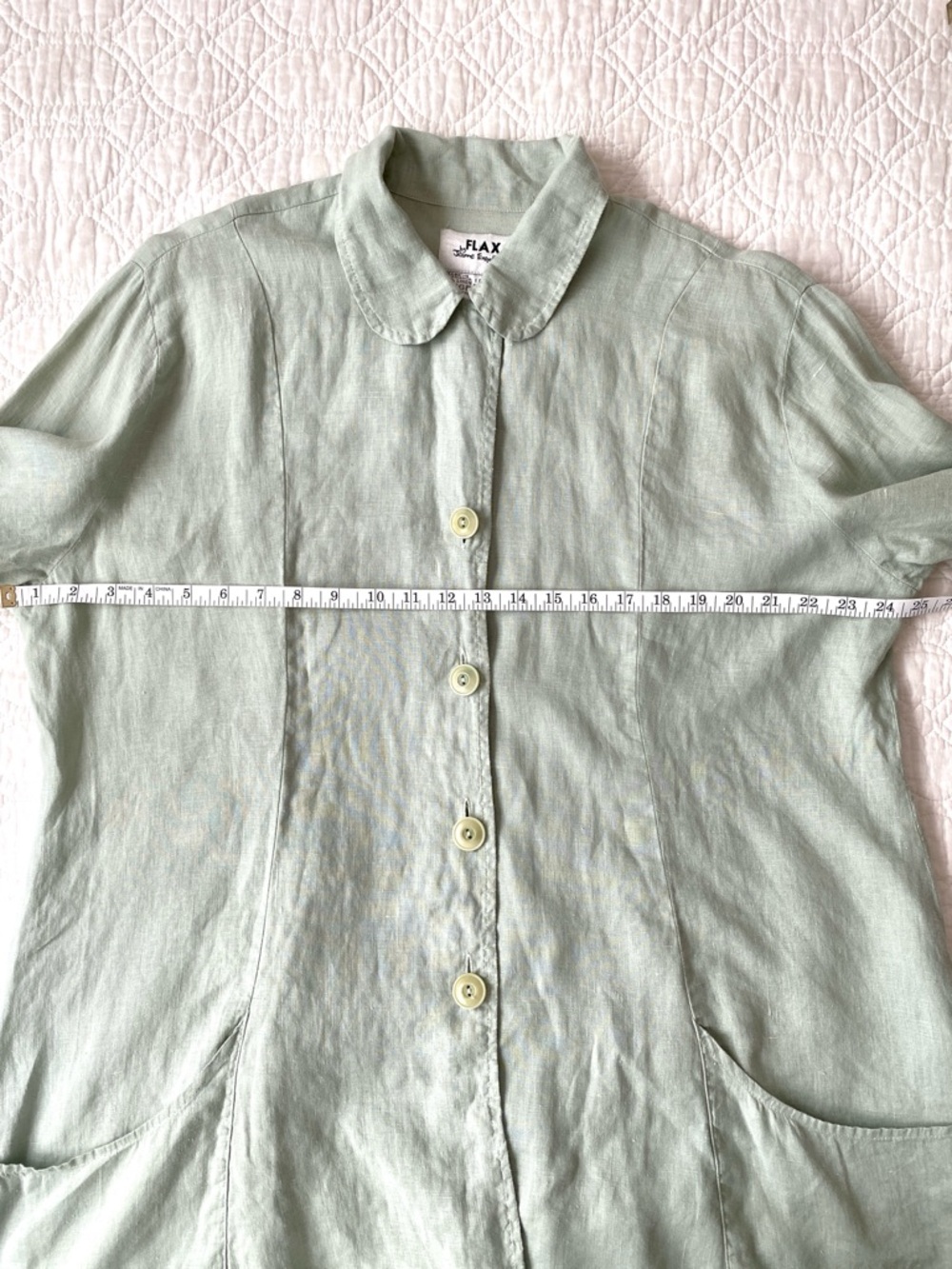 Flax 100% Sage Green Linen Button Front Tunic Shirt Top Long Sleeve Size L - Picture 7 of 16